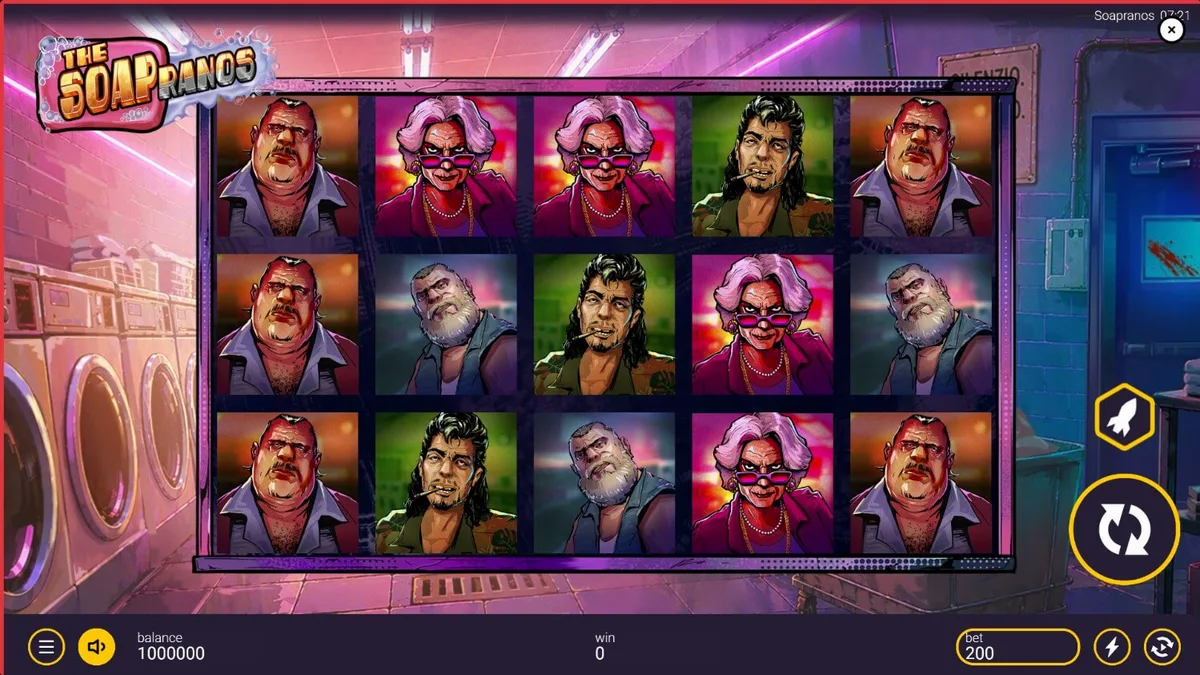 Tampilan layar utama slot The Soapranos dengan tema binatu mafia