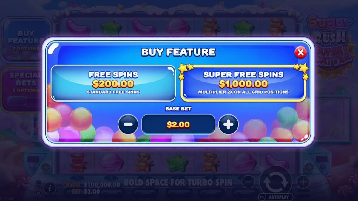 Sugar Rush Super Scatter slot machine grid with colorful candy symbols